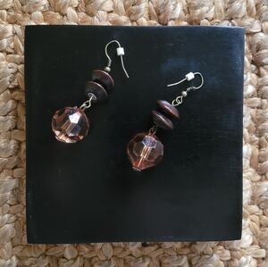 Vintage champagne bead and wood disc dangle earrings